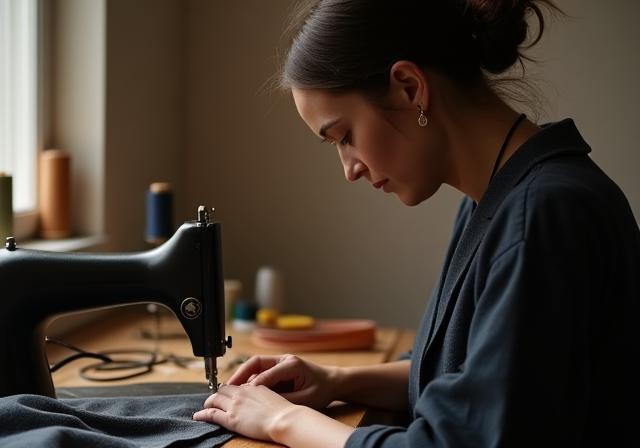 Skilled tailor working meticulously on a garment, representing Kalpana Threads' dedication