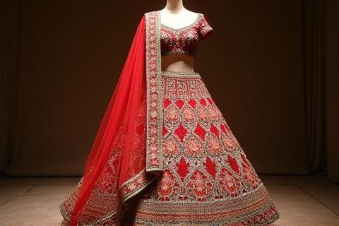 Stunning custom designed Indian bridal lehenga with intricate embroidery and traditional details