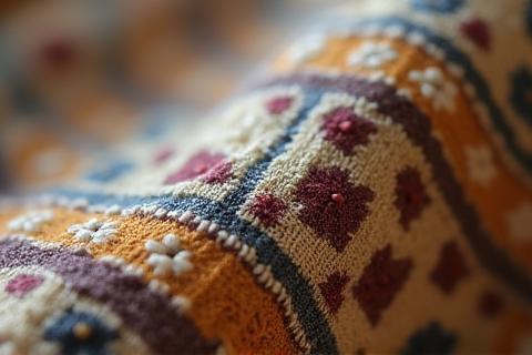 Close-up view of a delicate textile repair on patterned fabric, showing careful restoration