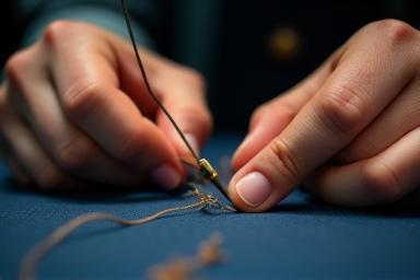 Close-up view of a tailor's hands expertly stitching fabric with needle and thread