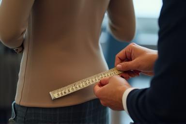 Tailor carefully taking measurements of a client to ensure perfect fit